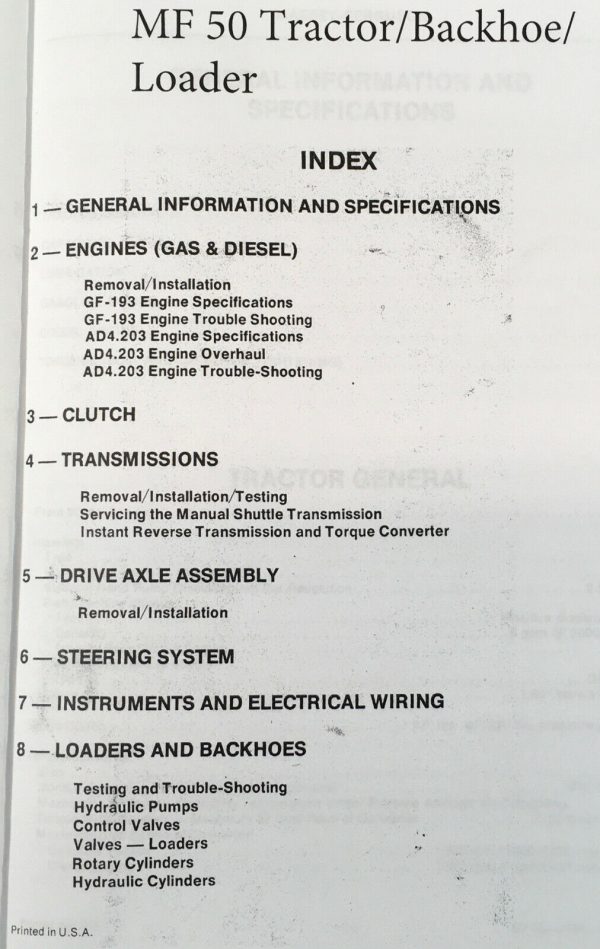 Massey Ferguson Mf 50 Tractor Loader Backhoe Service Repair Manual Shop Book - Image 2