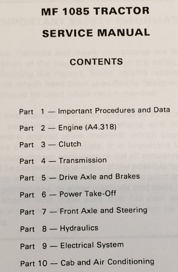 Massey Ferguson 1085 Tractor Service Manual Repair Shop Technical Workshop Book - Image 3