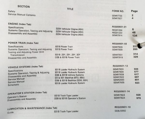 Caterpillar 931B Crawler Track Loader Service Manual S/N 25Y1 26Y1 29Y1 30Y1 Up - Image 3