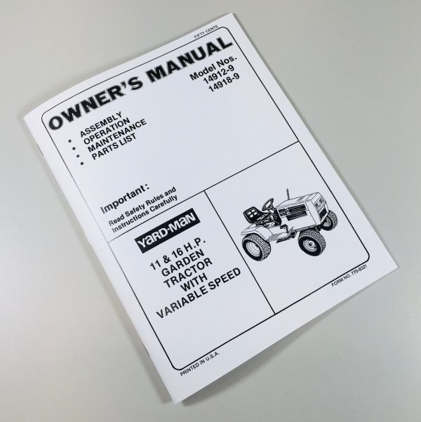 Yard-Man 11 & 16 Hp Garden Tractor Operators Owners Parts List Assembly Manual