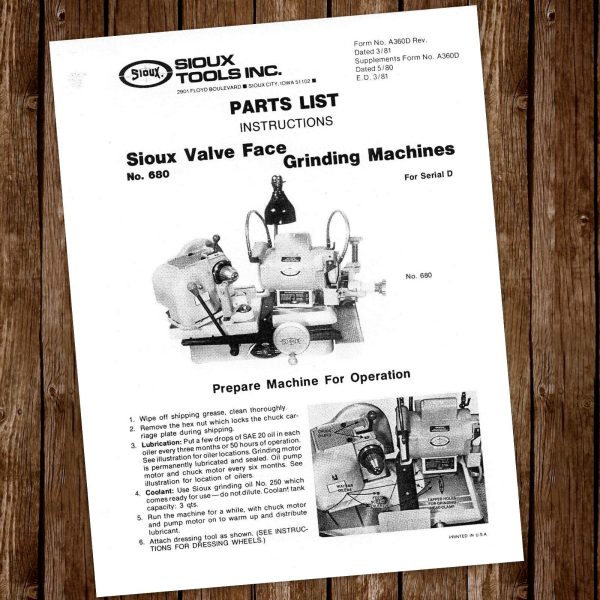 680 684 689 Souix Valve Grinder Operators Instruction Parts Manual Printed Book