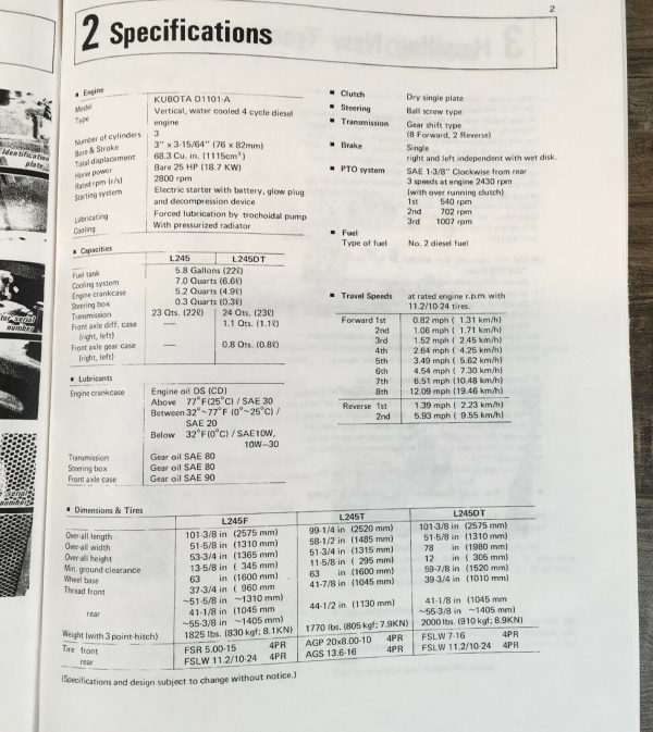 Kubota Tractor L245 L245Dt Operators Owners Parts Manual L245Fp L245Tp L245Dtp - Image 3