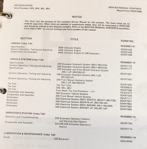 Caterpillar 245 Excavator Service Manual Repair Technical S/N 82X 84X 94X 95V - Image 3