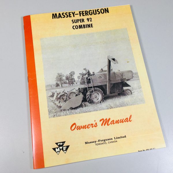 Massey Ferguson Super 92 Combine Owners Operators Manual