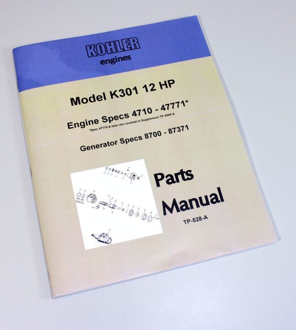 Kohler K301 12Hp Engine Generator Parts Catalog Manual Exploded Views Numbers