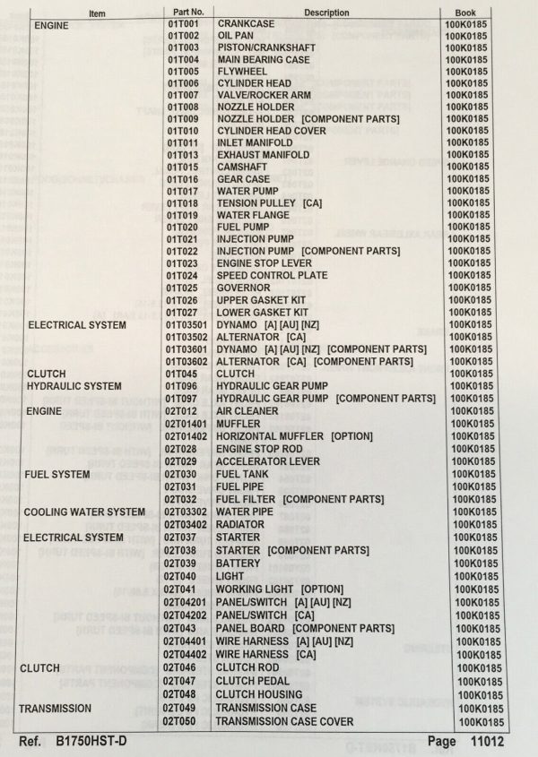 Kubota B1750Hst-D Tractor Parts Assembly Manual Catalog Exploded Views Numbers - Image 2