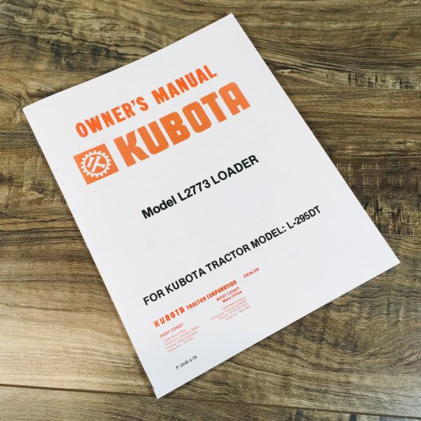 Kubota L2773 Front End Loader For L295Dt Tractor Operators Manual Owners Book