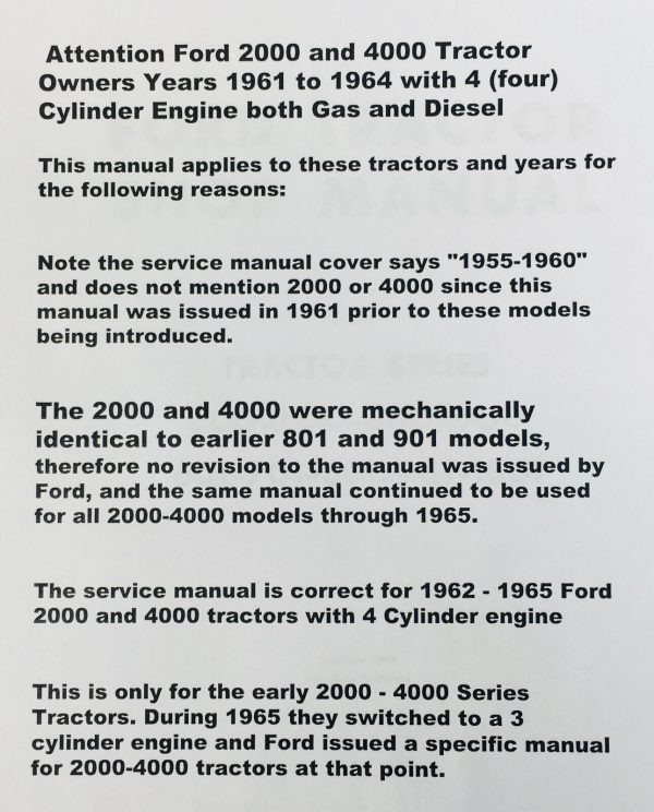 Ford 2000 4000 4Cyl Gas Tractor Service Repair Operators Parts Shop Manual Books - Image 2