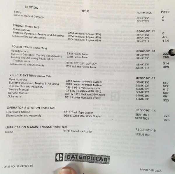 Service Parts Manual Set For Caterpillar 931B Track Loader SN 29Y1-Up Catalog - Image 11