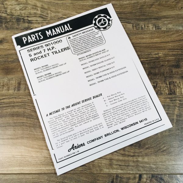 Ariens 901005 901006 5 & 7 H.P. Rocket Tiller Parts Manual Catalog Book