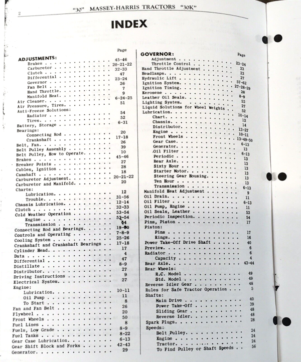 Massey Harris 30 30K Tractor Operators Manual Owners Maintenance Adjustments - Image 2