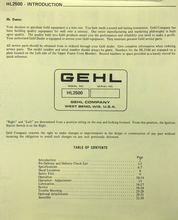Gehl Hl 2500 Skid Steer Loader Owner Operators Manual Maintenance Adjustments - Image 2
