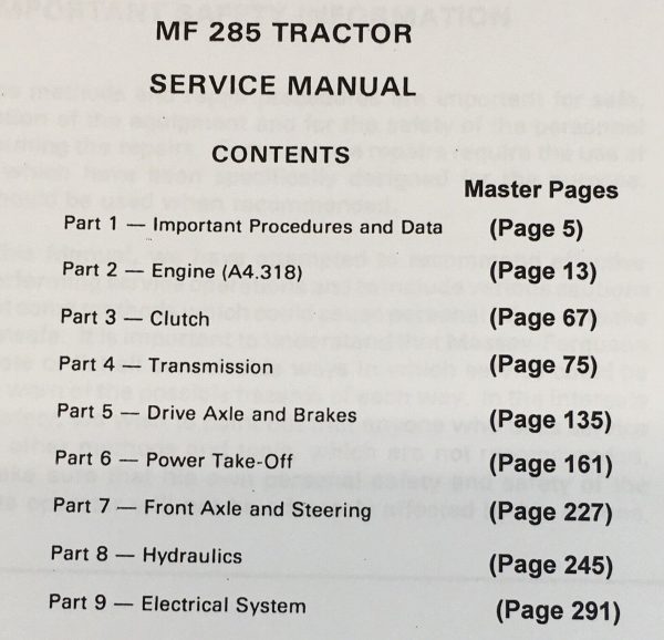 Massey Ferguson 285 Tractor Service Manual Repair Shop Technical Workshop Book - Image 3