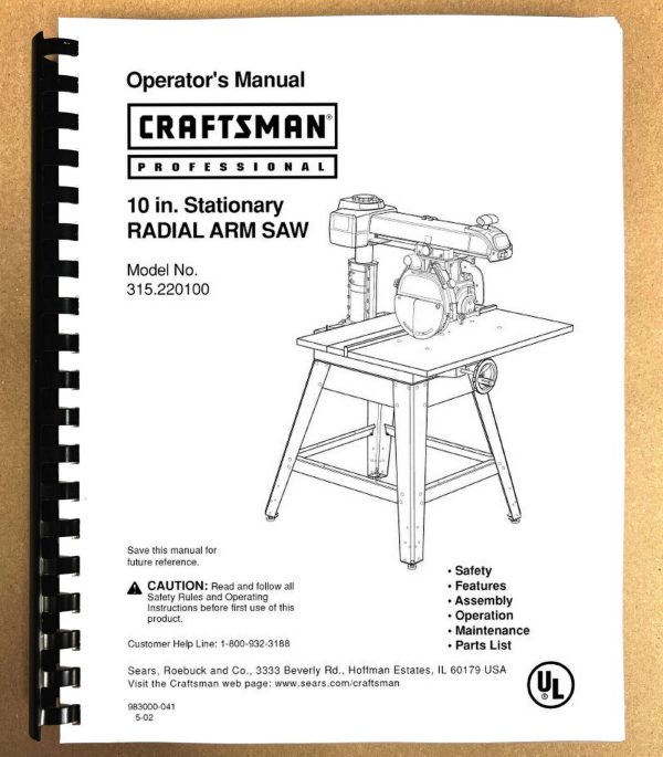 Owners Instruction Manual Fits Craftsman 315.220100 Radial Arm Saw