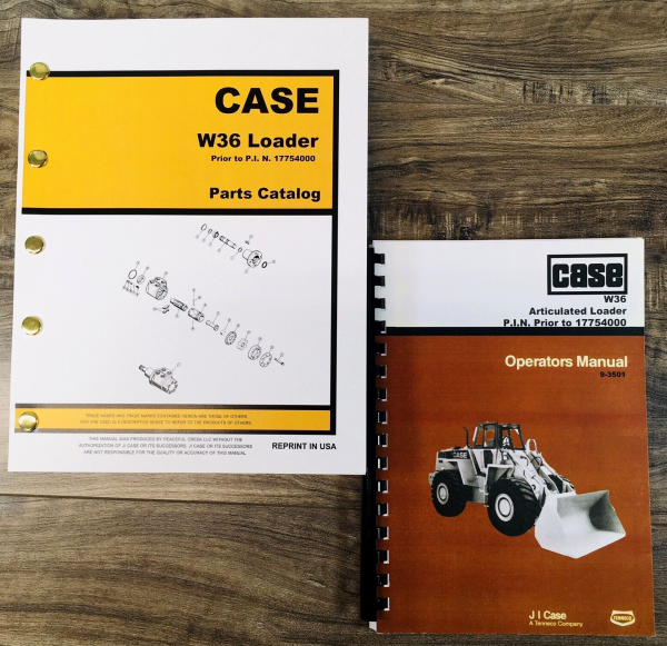 Case W36 Wheel Loader Operators Manual Parts Catalog Set P.I.N Prior to 17754000