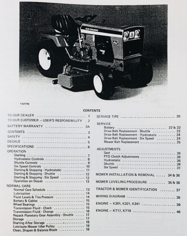 Allis Chalmers 912H 914 916H 917H Lawn Garden Tractor Service Operators Manual - Image 7