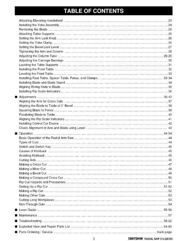 Owners Instruction Manual Fits Craftsman 315.220100 Radial Arm Saw - Image 3