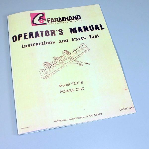 Farmhand Power Disc F201-B Operators Owner Manual Instruction Parts List Catalog