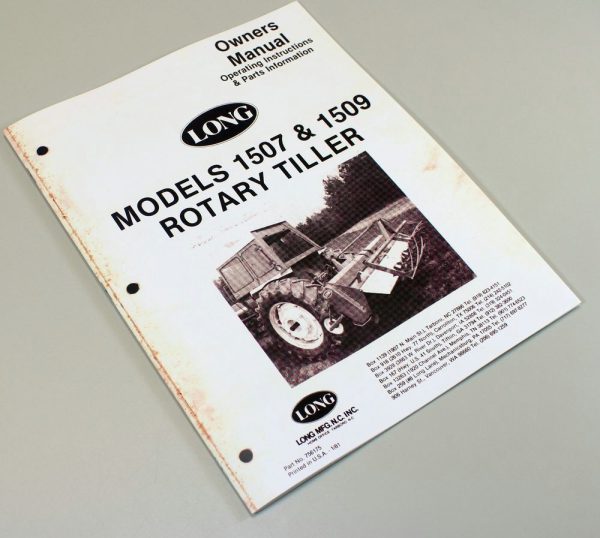 Long 1507 1509 Rotary Tiller Owners Operators Manual Book Maintenance