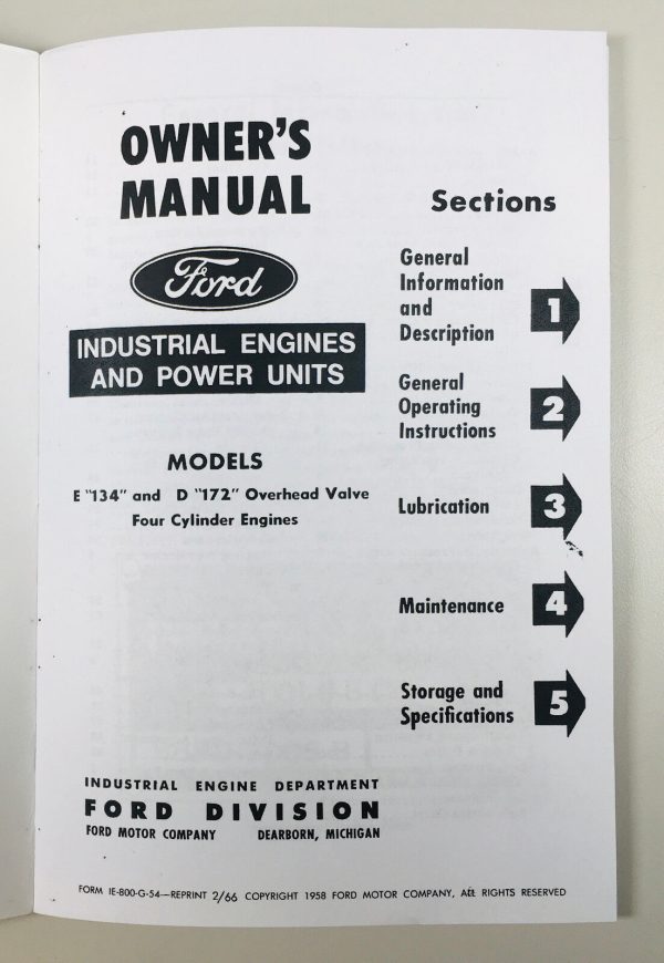 Ford E134 D172 Industrial Engines & Power Units Owners Operators Manual 4 Cyl - Image 2