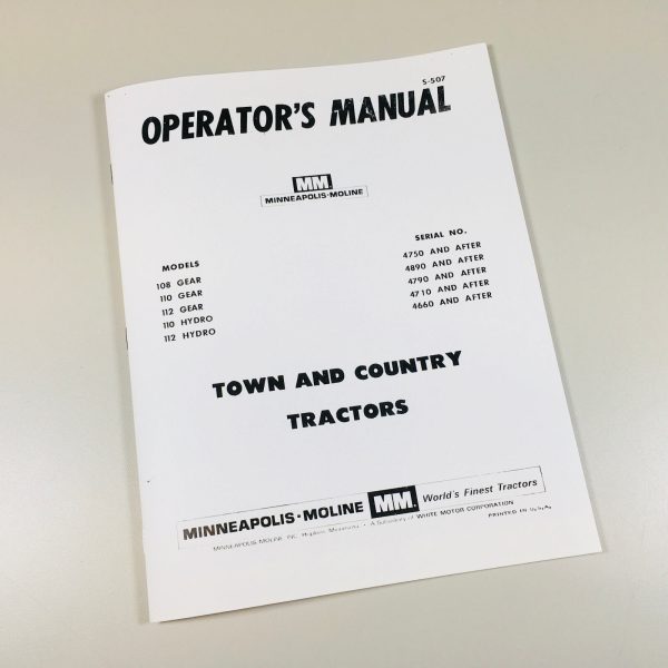 Minneapolis Moline 108 110 112 Town And Country Tractors Owners Operator Manual