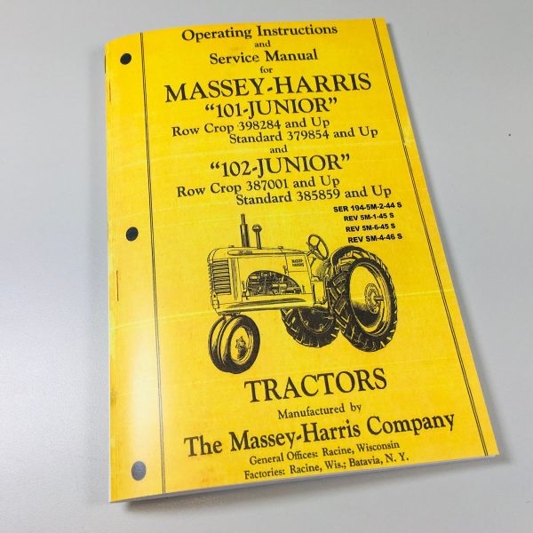 Massey Harris 101 102 Junior Tractor Row Crop/Standard Operators Service Manual