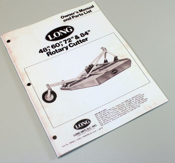 Long 1772 1784 Rotary Brush Cutter Owner Operators Parts Manual List 72" 84"