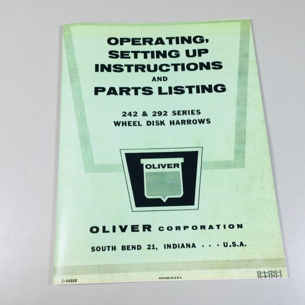 Oliver 242 292 Wheel Disk Harrows Operators Instructions Parts List Manual